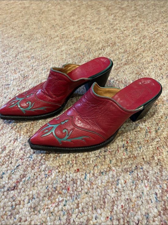 Old Gringo Shoes - Old Gringo Red Leather Pointed Mule with Teal Trim